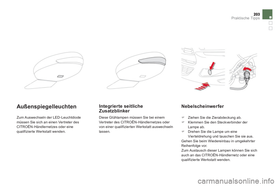 CITROEN DS5 2013  Betriebsanleitungen (in German) Praktische Tipps
Nebelscheinwerfer 
�)   Ziehen Sie die Zierabdeckung ab. �) 
 Klemmen Sie den Steckverbinder der Lampe ab. �) 
 Drehen Sie die Lampe um eine Vierteldrehung und tauschen Sie sie aus.  