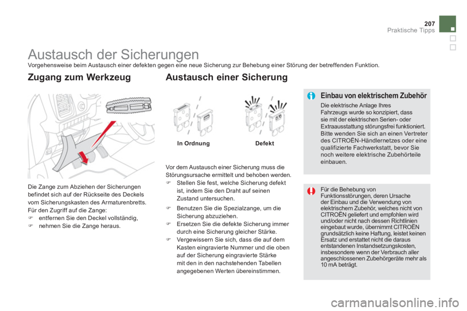 CITROEN DS5 2013  Betriebsanleitungen (in German) 207
Praktische Tipps
   
 
 
 
 
 
 
 
 
 
 
 
 
 
 
 
 
 
 
Austausch der Sicherungen  
Vorgehensweise beim Austausch einer defekten gegen eine neue Sicherung zur Behebung einer Störung der betreffe