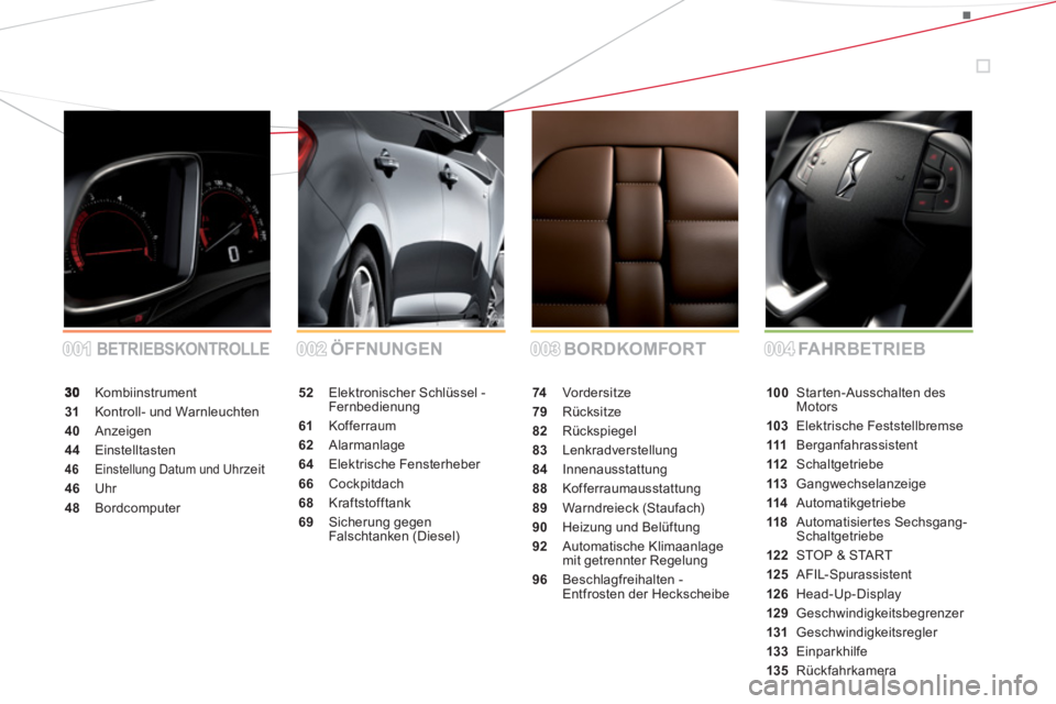 CITROEN DS5 2013  Betriebsanleitungen (in German) 001001002002003003004004 BORDKOMFORT ÖFFNUNGENBETRIEBSKONTROLLEFA H R B E T R I E B
 Kombiinstrument
31 Kontroll- und Warnleuchten
40Anzeigen
44Einstelltasten
46 Einstellung Datum und Uhrzeit
46 Uhr
