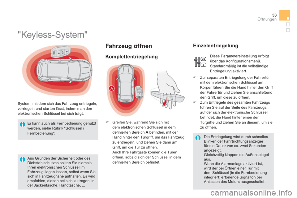 CITROEN DS5 2013 Betriebsanleitungen (in German) 53Öffnungen
Fahr zeug öffnen
"Keyless-System"
System, mit dem sich das Fahrzeug entriegeln,
verriegeln und star ten lässt, indem man den elektronischen CITROEN DS5 2013 Betriebsanleitungen (in German) 53Öffnungen
Fahr zeug öffnen
"Keyless-System"
System, mit dem sich das Fahrzeug entriegeln,
verriegeln und star ten lässt, indem man den elektronischen