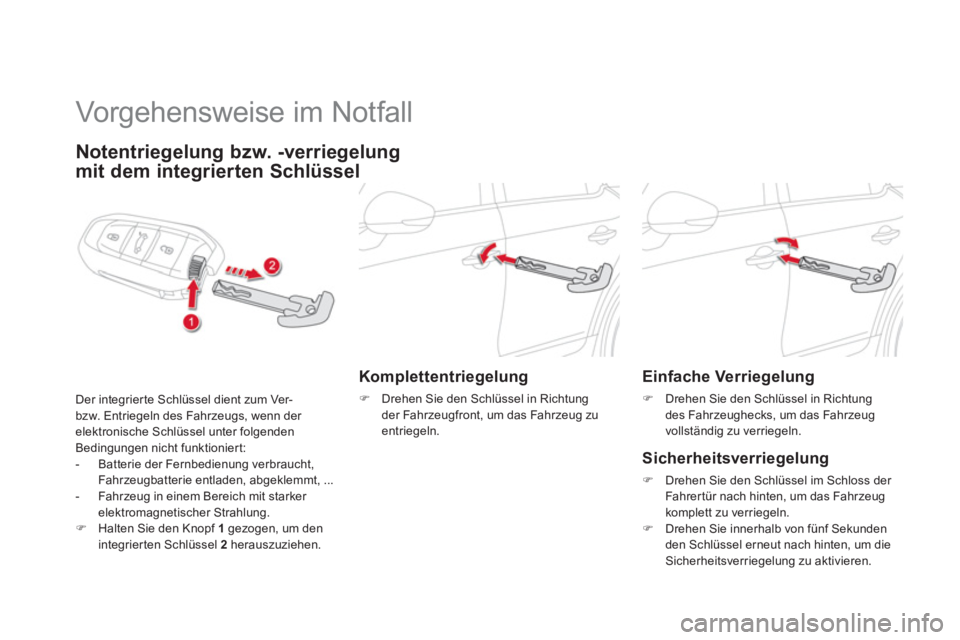 CITROEN DS5 2013  Betriebsanleitungen (in German)    
 
 
 
 
Vorgehensweise im Notfall 
Notentriegelung bzw. -verriegelung
mit dem integrierten Schlüssel
Der integrierte Schlüssel dient zum Ver-bzw. Entriegeln des Fahrzeugs, wenn der elektronische