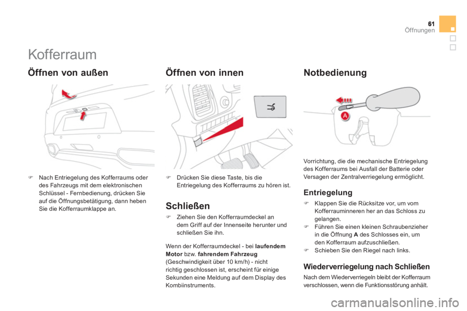 CITROEN DS5 2013  Betriebsanleitungen (in German) Öffnungen
   
 
 
 
 
 
 
 
 
 
 
Kof ferraum 
�)Nach Entriegelung des Kofferraums oder 
des Fahrzeugs mit dem elektronischenSchlüssel - Fernbedienung, drücken Sieauf die Öffnungsbetätigung, dann