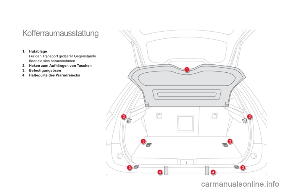 CITROEN DS5 2013  Betriebsanleitungen (in German)    
 
 
 
 
 
 
 
 
 
 
 
 
Kof ferraumausstattung  
1.HutablageFür den Transpor t größerer Gegenständelässt sie sich herausnehmen.2.Hakenzum Aufhängen von Taschen3.Befestigungsösen4.Haltegurte