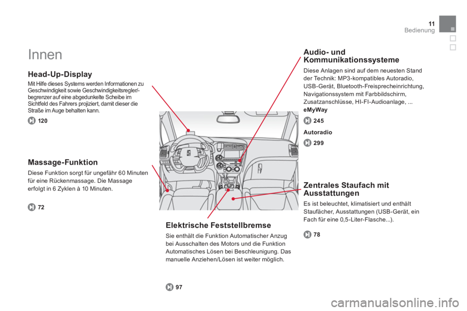 CITROEN DS5 2013  Betriebsanleitungen (in German) 11Bedienung
  Innen  
 
 
Head-Up-Display
 
Mit Hilfe dieses Systems werden Informationen zuGeschwindigkeit sowie Geschwindigkeitsregler/-
begrenzer auf eine abgedunkelte Scheibe im Sichtfeld des Fahr