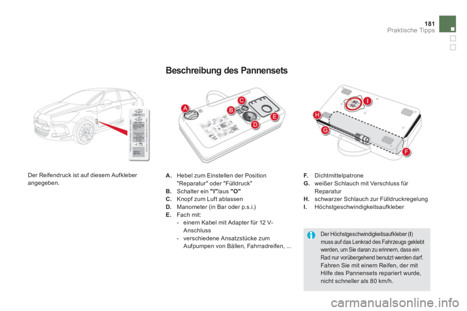 CITROEN DS5 2013  Betriebsanleitungen (in German) 181Praktische Tipps
A.   Hebel zum Einstellen der Position "Reparatur" oder "Fülldruck" 
B.   Schalter ein "I"/aus  "O"C. 
  Knopf zum Luft ablassenD. 
 Manometer (in Bar oder p.s.i.)E. 
 Fach mit:
 