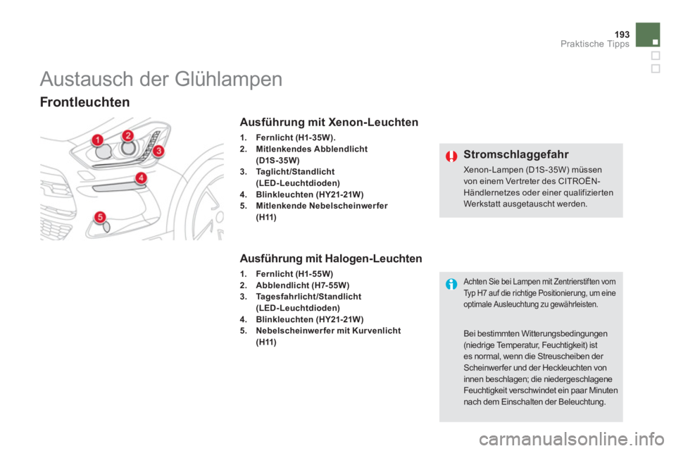 CITROEN DS5 2013  Betriebsanleitungen (in German) 193Praktische Tipps
   
 
 
 
 
 
 
 
 
 
Austausch der Glühlampen 
Frontleuchten  
Ausführung mit Xenon-Leuchten 
1.Fernlicht (H1- 35W).2.Mitlenkendes Abblendlicht
(D1S-35W)3.Taglicht/Standlicht(LE