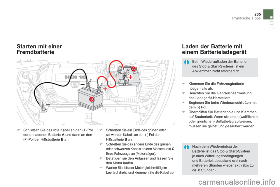 CITROEN DS5 2013  Betriebsanleitungen (in German) 205
Praktische Tipps
   Nach dem Wiedereinbau der Batterie ist das Stop & Start-Systemje nach Witterungsbedingungenund Batterieladezustand erst nachmehreren Stunden wieder aktiv (bis zuca. 8 Stunden).