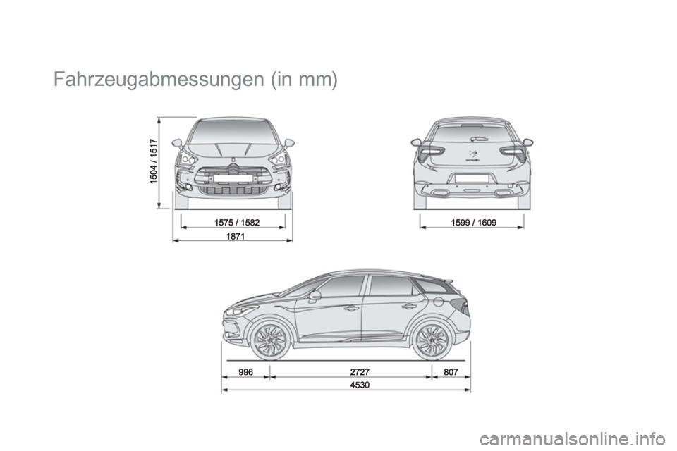 CITROEN DS5 2013 Betriebsanleitungen (in German)
Fahrzeugabmessungen (in mm) CITROEN DS5 2013 Betriebsanleitungen (in German)
Fahrzeugabmessungen (in mm)