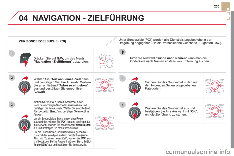 CITROEN DS5 2013 Betriebsanleitungen (in German) 04
1
3
4
5
2
255
ZUR SONDERZIELSUCHE
(POI)
NAVIGATION - ZIELFÜHRUNG
Unter Sonderziele (POI) werden alle Dienstleistungsbetriebe in der Umgebung angegeben (Hotels, verschiedene Geschäfte, Flug CITROEN DS5 2013 Betriebsanleitungen (in German) 04
1
3
4
5
2
255
ZUR SONDERZIELSUCHE
(POI)
NAVIGATION - ZIELFÜHRUNG
Unter Sonderziele (POI) werden alle Dienstleistungsbetriebe in der Umgebung angegeben (Hotels, verschiedene Geschäfte, Flug