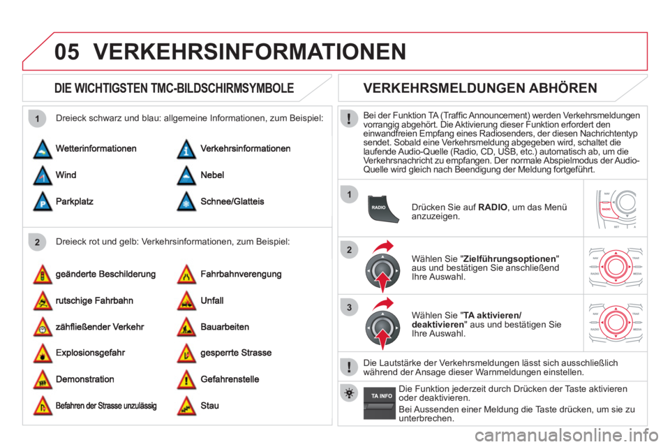 CITROEN DS5 2013 Betriebsanleitungen (in German) 05
2 1
1
2
3
VERKEHRSINFORMATIONEN
DIE WICHTIGSTEN TMC-BILDSCHIRMSYMBOLE
Dreieck rot und gelb: Verkehrsinformationen, zum Beispiel:
Dreieck schwarz und blau: all
gemeine Inform CITROEN DS5 2013 Betriebsanleitungen (in German) 05
2 1
1
2
3
VERKEHRSINFORMATIONEN
DIE WICHTIGSTEN TMC-BILDSCHIRMSYMBOLE
Dreieck rot und gelb: Verkehrsinformationen, zum Beispiel:
Dreieck schwarz und blau: all
gemeine Inform