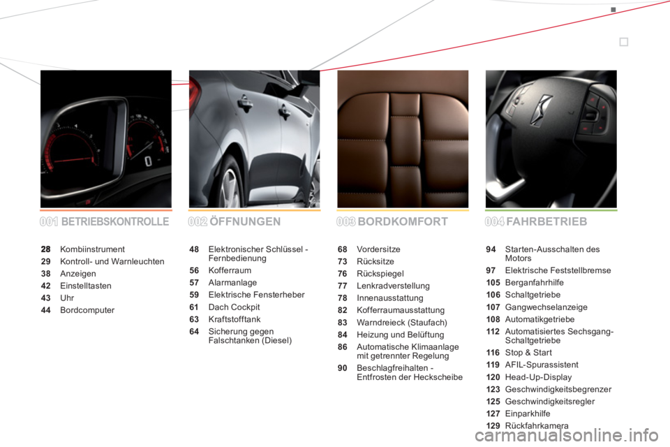 CITROEN DS5 2013  Betriebsanleitungen (in German) 001001002002003003004004 BORDKOMFORT ÖFFNUNGENBETRIEBSKONTROLLEFA H R B E T R I E B
 Kombiinstrument
29 Kontroll- und Warnleuchten
38 Anzeigen
42 Einstelltasten
43 Uhr
44Bordcomputer
48Elektronischer