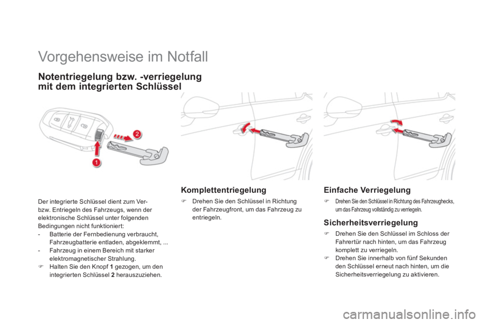CITROEN DS5 2013  Betriebsanleitungen (in German)    
 
 
 
 
Vorgehensweise im Notfall 
Notentriegelung bzw. -verriegelung
mit dem integrierten Schlüssel
Der integrierte Schlüssel dient zum Ver-bzw. Entriegeln des Fahrzeugs, wenn der elektronische