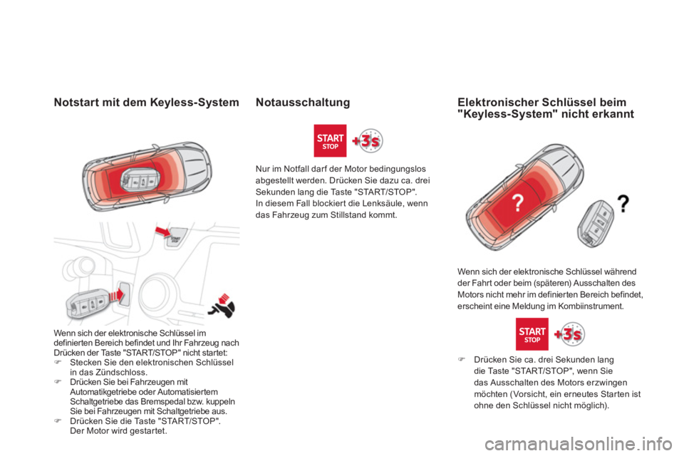 CITROEN DS5 2013  Betriebsanleitungen (in German) Notstart mit dem Keyless-System 
Wenn sich der elektronische Schlüssel im 
definierten Bereich befindet und Ihr Fahrzeug nach 
Drücken der Taste "STA R T/STOP" nicht startet:�)Stecken Sie den elektr
