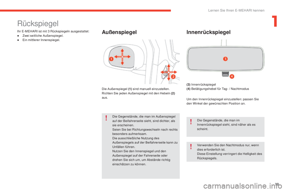 CITROEN E-MEHARI 2017 Betriebsanleitungen (in German) 19
e-mehari_de_Chap01_faite-connaissance_ed03-2016
Rückspiegel
Ihr E-MEHARI ist mit 3 Rückspiegeln ausgestattet:
● Z wei seitliche Außenspiegel.
●
E
in mittlerer Innenspiegel.Außenspiegel
CITROEN E-MEHARI 2017 Betriebsanleitungen (in German) 19
e-mehari_de_Chap01_faite-connaissance_ed03-2016
Rückspiegel
Ihr E-MEHARI ist mit 3 Rückspiegeln ausgestattet:
● Z wei seitliche Außenspiegel.
●
E
in mittlerer Innenspiegel.Außenspiegel
