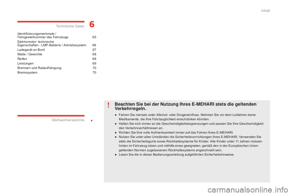 CITROEN E-MEHARI 2016 Betriebsanleitungen (in German) .
e-mehari_de_Chap00a_sommaire_ed02-2016
Identifizierungsmerkmale /
Fahrgestellnummer des Fahrzeugs 65
E
lektromotor: technische
Eigenschaften - LMP-Batterie / Antriebssystem
66
L
adegerät an CITROEN E-MEHARI 2016 Betriebsanleitungen (in German) .
e-mehari_de_Chap00a_sommaire_ed02-2016
Identifizierungsmerkmale /
Fahrgestellnummer des Fahrzeugs 65
E
lektromotor: technische
Eigenschaften - LMP-Batterie / Antriebssystem
66
L
adegerät an