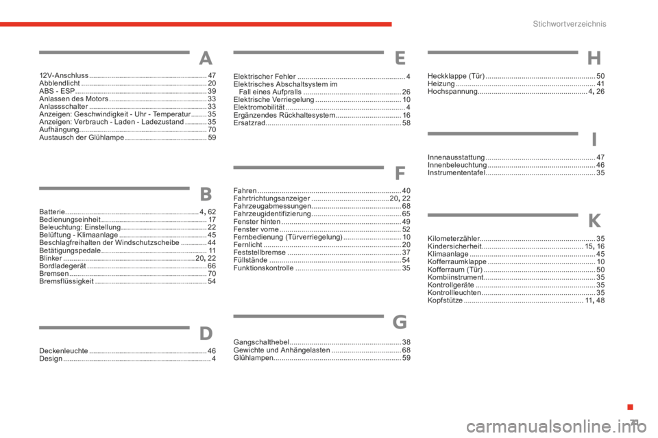 CITROEN E-MEHARI 2016  Betriebsanleitungen (in German) 71
e-mehari_de_Chap07_inde-alpha_ed02-2016
12V-Anschluss ...........................................................47
Abblendlicht ............................................................... 20
A