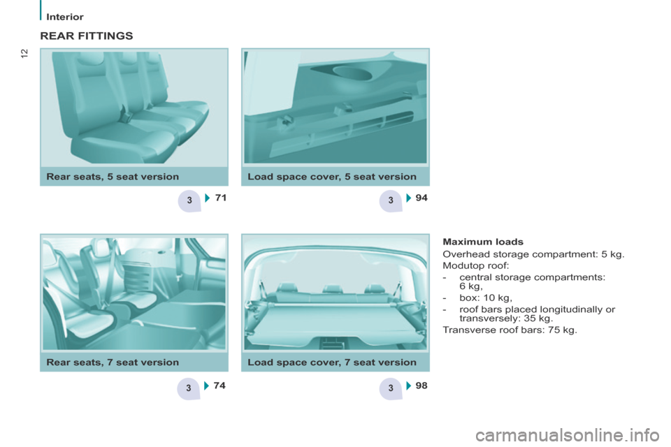 Citroen BERLINGO 2014 2.G Owners Manual 3
3
3
3
71
74 94
98
12
   Interior   
  Load space cover, 5 seat version  
  Rear seats, 5 seat version  
 REAR  FITTINGS  
  Maximum  loads 
 Overhead storage compartment: 5 kg. 
 Modutop  roof: 
   