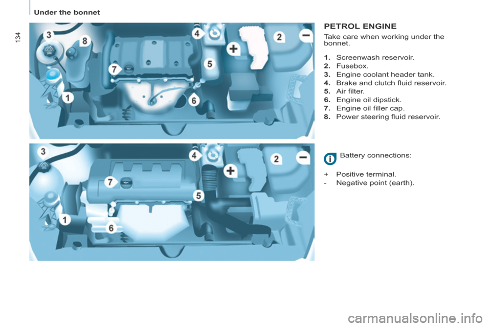 Citroen BERLINGO 2014 2.G Owners Manual Under the bonnet
134
PETROL ENGINE
1. Screenwash reservoir.
2. Fusebox.
3. Engine coolant header tank.
4. Brake and clutch fl uid reservoir.
5. Air fi lter.
Citroen BERLINGO 2014 2.G Owners Manual Under the bonnet
134
PETROL ENGINE
1. Screenwash reservoir.
2. Fusebox.
3. Engine coolant header tank.
4. Brake and clutch fl uid reservoir.
5. Air fi lter.
