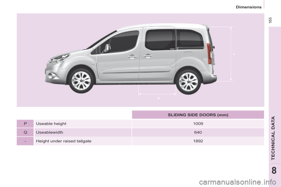 Citroen BERLINGO 2014 2.G Owners Manual 165
Dimensions
TECHNICAL DATA
8
SLIDING SIDE DOORS (mm)
P Useable height 1009
Q Useablewidth 640
- Height under raised tailgate 1892 Citroen BERLINGO 2014 2.G Owners Manual 165
Dimensions
TECHNICAL DATA
8
SLIDING SIDE DOORS (mm)
P Useable height 1009
Q Useablewidth 640
- Height under raised tailgate 1892
