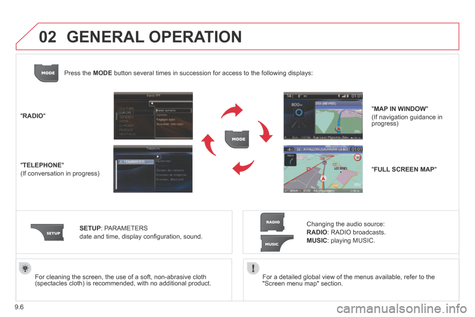 Citroen BERLINGO 2014 2.G Owners Manual 9.6
02
  For a detailed global view of the menus available, refer to the "Screen menu map" section.     For cleaning the screen, the use of a soft, non-abrasive cloth (spectacles cloth) is recommended