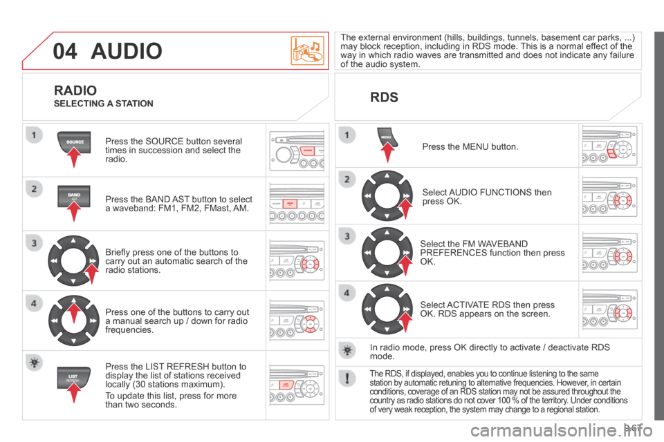 Citroen BERLINGO 2014 2.G Owners Guide 9.67
04 AUDIO 
 Press the SOURCE button several times in succession and select the radio.  
  Press the BAND AST button to select a waveband: FM1, FM2, FMast, AM.  
  Brieﬂ y press one of the button