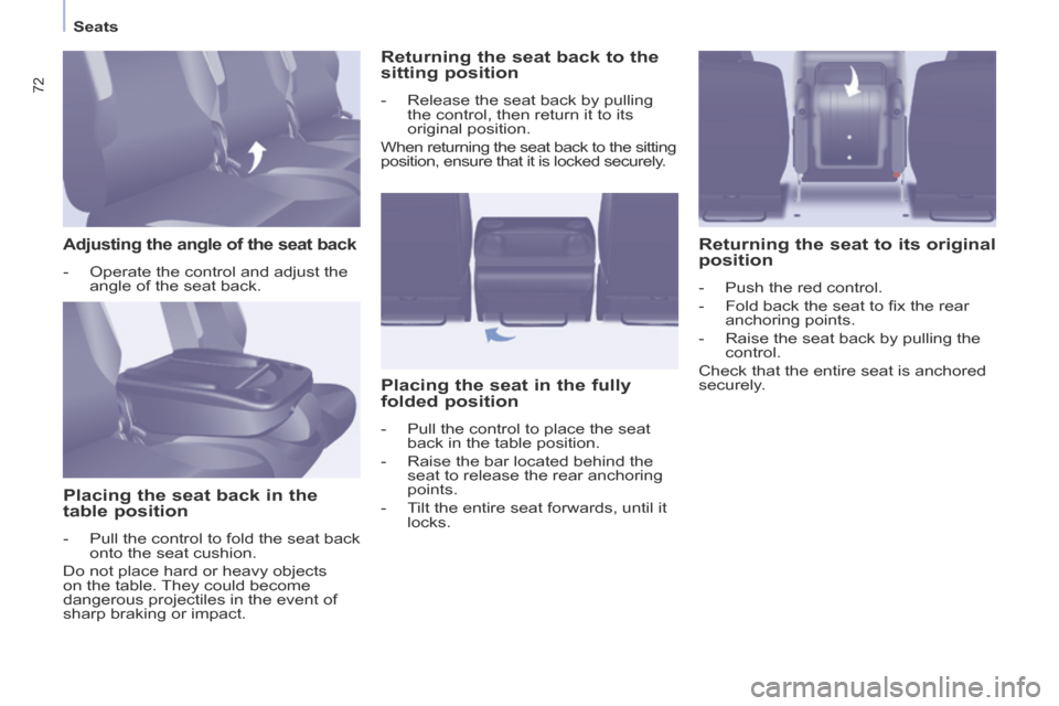 Citroen BERLINGO 2014 2.G Owners Manual Seats
72
Adjusting the angle of the seat back
- Operate the control and adjust the angle of the seat back.
Placing the seat back in the
table position
- Pull the control to f Citroen BERLINGO 2014 2.G Owners Manual Seats
72
Adjusting the angle of the seat back
- Operate the control and adjust the angle of the seat back.
Placing the seat back in the
table position
- Pull the control to f