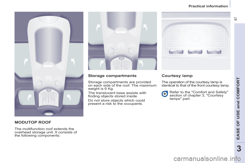 Citroen BERLINGO 2014 2.G Owners Manual    Practical  information   
 87
EASE OF U
SE and
 COMFORT
3
     MODUTOP  ROOF 
 The multifunction roof extends the 
overhead storage unit. It consists of 
the following components: 
  Storage  compa