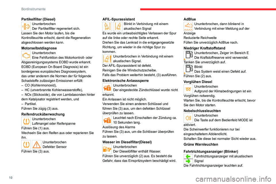 CITROEN JUMPER 2020 Betriebsanleitungen (in German) 10
Bordinstrumente
Partikelfilter (Diesel)Ununterbrochen
Der Partikelfilter regeneriert sich.
Lassen Sie den Motor laufen, bis die
Kontrollleuchte erlischt, damit die Regeneration
abgeschlossen werd CITROEN JUMPER 2020 Betriebsanleitungen (in German) 10
Bordinstrumente
Partikelfilter (Diesel)Ununterbrochen
Der Partikelfilter regeneriert sich.
Lassen Sie den Motor laufen, bis die
Kontrollleuchte erlischt, damit die Regeneration
abgeschlossen werd