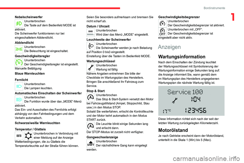 CITROEN JUMPER 2020  Betriebsanleitungen (in German) 11
Bordinstrumente
1NebelscheinwerferUnunterbrochen
Die Taste auf dem Bedienfeld MODE ist 
aktiviert.
Die Scheinwerfer funktionieren nur bei 
eingeschaltetem Abblendlicht.
AbblendlichtUnunterbrochen
D