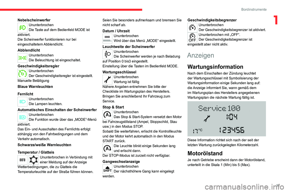 CITROEN JUMPER 2020 Betriebsanleitungen (in German) 11
Bordinstrumente
1NebelscheinwerferUnunterbrochen
Die Taste auf dem Bedienfeld MODE ist
aktiviert.
Die Scheinwerfer funktionieren nur bei
eingeschaltetem Abblendlicht.
AbblendlichtUnunterbrochen
D CITROEN JUMPER 2020 Betriebsanleitungen (in German) 11
Bordinstrumente
1NebelscheinwerferUnunterbrochen
Die Taste auf dem Bedienfeld MODE ist
aktiviert.
Die Scheinwerfer funktionieren nur bei
eingeschaltetem Abblendlicht.
AbblendlichtUnunterbrochen
D