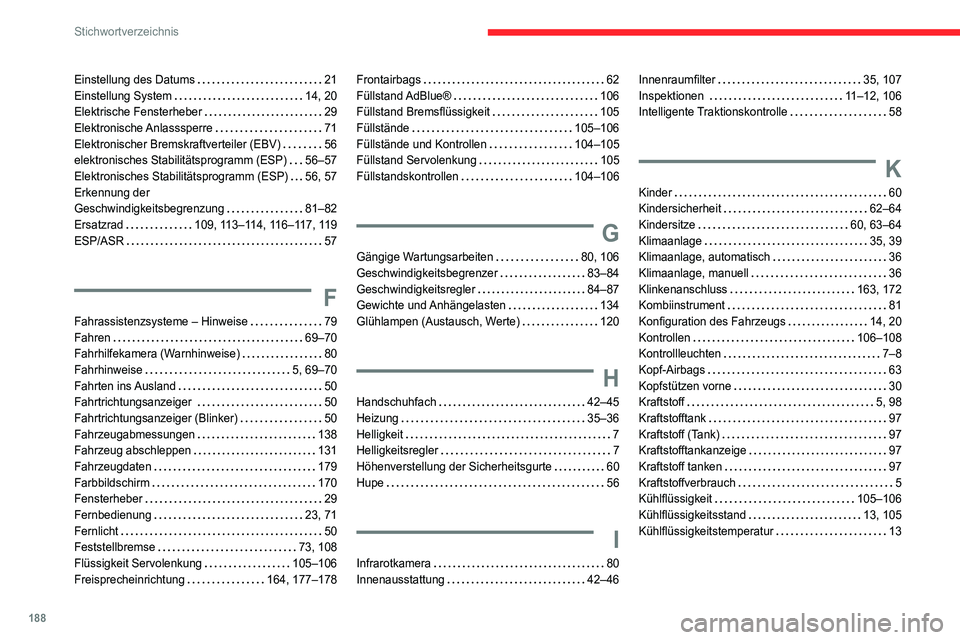 CITROEN JUMPER 2020 Betriebsanleitungen (in German) 188
Stichwortverzeichnis
Einstellung des Datums 21
Einstellung System 14, 20
Elektrische Fensterheber 29
Elektronische Anlasssperre 71
Elektronischer Bremskraftverteiler (EBV) 56
elektr CITROEN JUMPER 2020 Betriebsanleitungen (in German) 188
Stichwortverzeichnis
Einstellung des Datums 21
Einstellung System 14, 20
Elektrische Fensterheber 29
Elektronische Anlasssperre 71
Elektronischer Bremskraftverteiler (EBV) 56
elektr