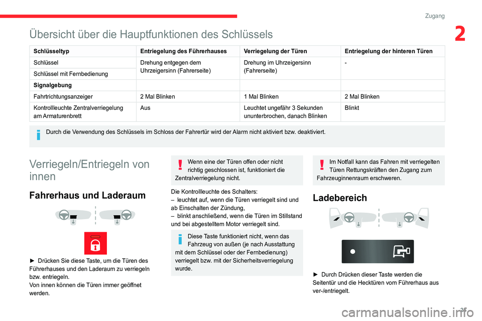 CITROEN JUMPER 2020  Betriebsanleitungen (in German) 25
Zugang
2Übersicht über die Hauptfunktionen des Schlüssels
SchlüsseltypEntriegelung des FührerhausesVerriegelung der TürenEntriegelung der hinteren Türen
Schlüssel Drehung entgegen dem 
Uhrz