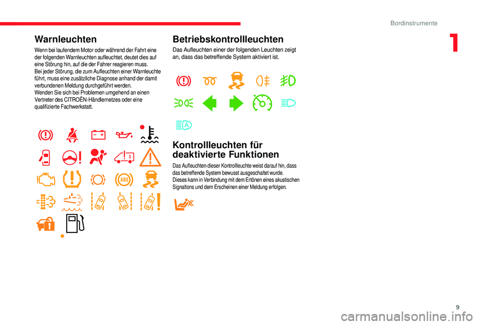 CITROEN JUMPER 2019  Betriebsanleitungen (in German) 9
Warnleuchten
Wenn bei laufendem Motor oder während der Fahrt eine 
der folgenden Warnleuchten aufleuchtet, deutet dies auf 
eine Störung hin, auf die der Fahrer reagieren muss.
Bei jeder Störung,