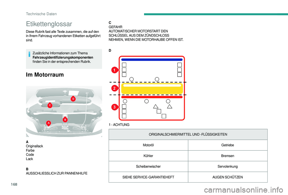 CITROEN JUMPER 2019  Betriebsanleitungen (in German) 168
Etikettenglossar
Diese	Rubrik	fast	alle	Texte	zusammen,	die	auf	den	in Ihrem Fahrzeug vorhandenen Etiketten aufgeführt 
sind.
Zusätzliche Informationen zum Thema 
Fahrzeugidentifizierungskompone
