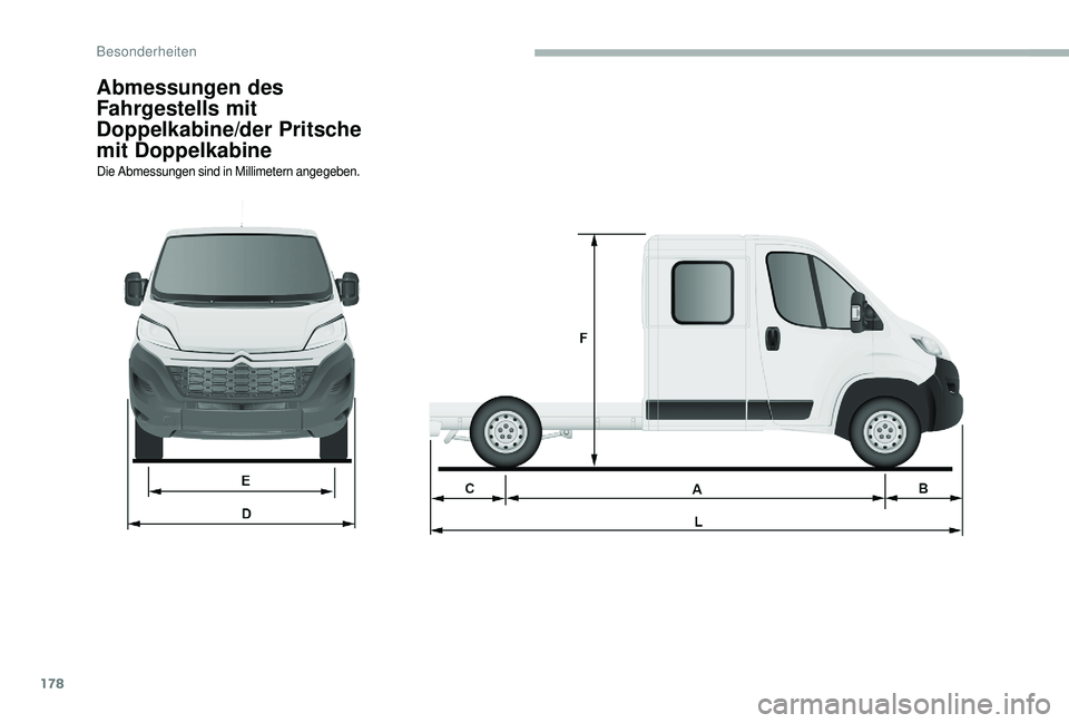 CITROEN JUMPER 2019 Betriebsanleitungen (in German) 178
Abmessungen des
Fahrgestells mit
Doppelkabine/der Pritsche
mit Doppelkabine
Die Abmessungen sind in Millimetern angegeben.
Besonderheiten CITROEN JUMPER 2019 Betriebsanleitungen (in German) 178
Abmessungen des
Fahrgestells mit
Doppelkabine/der Pritsche
mit Doppelkabine
Die Abmessungen sind in Millimetern angegeben.
Besonderheiten
