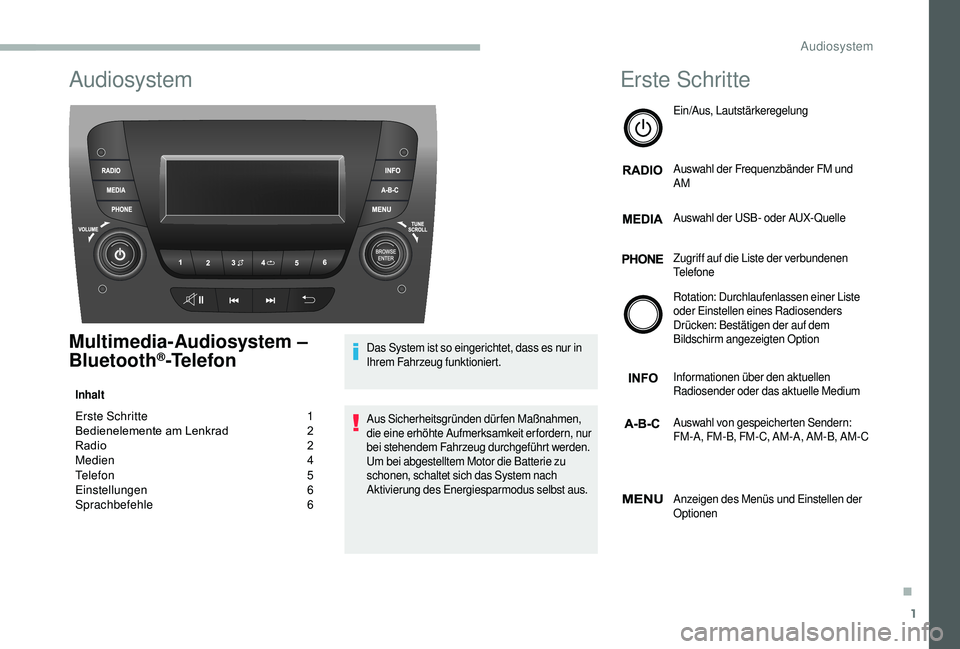 CITROEN JUMPER 2019  Betriebsanleitungen (in German) 1
Audiosystem
Multimedia­Audiosystem – 
Bluetooth®­Telefon
Inhalt
Erste Schritte  1
B edienelemente 	 am 	 Lenkrad 	 	2
Radio
	 	 2
Medien 
 
4
T

elefon   
5
E

instellungen   
6
Sp

rachbefehle