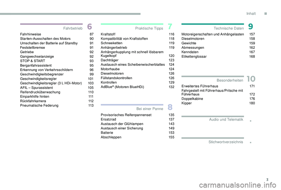 CITROEN JUMPER 2019  Betriebsanleitungen (in German) 3
.
.
10
Fahrhinweise 87
Starten-Ausschalten 	 des 	 Motors	90
Umschalten
	 der 	 Batterie 	 auf 	 Standby	 91
Feststellbremse	 91
Getriebe	 92
Gangwechselanzeige	 92
STOP
	 & 	 START	 93
Berganfahras