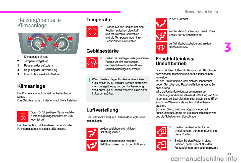 CITROEN JUMPER 2019  Betriebsanleitungen (in German) 43
Heizung/manuelle 
Klimaanlage
1.Klimaanlage ein/aus
2. Temperaturregelung
3. Regelung der Luftzufuhr
4. Regelung der Luftverteilung
5. Frischlufteinlass/Umluftbetrieb
Klimaanlage
Die Klimaanlage fu