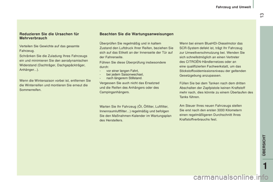 CITROEN JUMPER 2017 Betriebsanleitungen (in German) 13
Fahrzeug und Umwelt
Jumper_de_Chap01_vue-ensemble_ed01-2016
Reduzieren Sie die Ursachen für
Mehrverbrauch
Verteilen Sie Gewichte auf das gesamte
Fahrzeug.
Schränken Sie die Zuladung Ihres Fahr CITROEN JUMPER 2017 Betriebsanleitungen (in German) 13
Fahrzeug und Umwelt
Jumper_de_Chap01_vue-ensemble_ed01-2016
Reduzieren Sie die Ursachen für
Mehrverbrauch
Verteilen Sie Gewichte auf das gesamte
Fahrzeug.
Schränken Sie die Zuladung Ihres Fahr