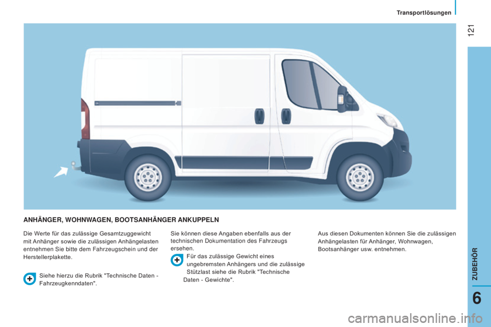 CITROEN JUMPER 2016 Betriebsanleitungen (in German) 121
jumper_de_Chap06_Accessoires_ed01-2015
ANHäNGER, WOHNWAGEN, BOOTSANHäNGER ANKUpp ELN
Die Werte für das zulässige Gesamtzuggewicht
mit Anhänger sowie die zulässigen Anhängelasten
entnehme CITROEN JUMPER 2016 Betriebsanleitungen (in German) 121
jumper_de_Chap06_Accessoires_ed01-2015
ANHäNGER, WOHNWAGEN, BOOTSANHäNGER ANKUpp ELN
Die Werte für das zulässige Gesamtzuggewicht
mit Anhänger sowie die zulässigen Anhängelasten
entnehme
