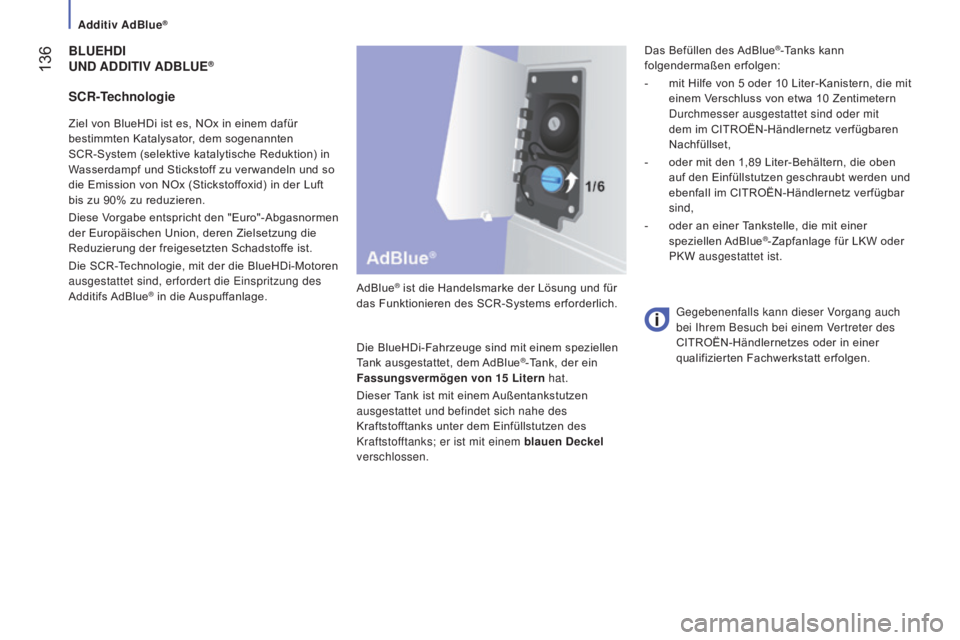 CITROEN JUMPER 2016 Betriebsanleitungen (in German) 136
jumper_de_Chap07_Verifications_ed01-2015
BLUEHDI
UND A DDITIV A D B LUE®
AdBlue® ist die Handelsmarke der Lösung und für
das Funktionieren des SCR-Systems erforderlich.
Die BlueHDi-Fahrzeu CITROEN JUMPER 2016 Betriebsanleitungen (in German) 136
jumper_de_Chap07_Verifications_ed01-2015
BLUEHDI
UND A DDITIV A D B LUE®
AdBlue® ist die Handelsmarke der Lösung und für
das Funktionieren des SCR-Systems erforderlich.
Die BlueHDi-Fahrzeu