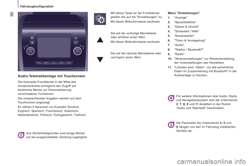 CITROEN JUMPER 2016  Betriebsanleitungen (in German)  90
jumper_de_Chap04_Technologie-a-bord_ed01-2015
Audio-Telematikanlage mit Touchscreen
Die Autoradio-Frontblende in der Mitte des 
Armaturenbretts ermöglicht den Zugriff auf 
bestimmte Menüs zur Pe