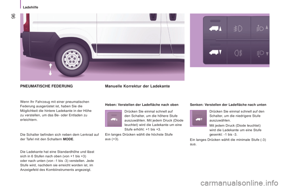 CITROEN JUMPER 2016  Betriebsanleitungen (in German)  96
jumper_de_Chap04_Technologie-a-bord_ed01-2015
pNEUMATISCHE FEDERUNG
Wenn Ihr Fahrzeug mit einer pneumatischen 
Federung ausgerüstet ist, haben Sie die 
Möglichkeit die hintere Ladekante in der H