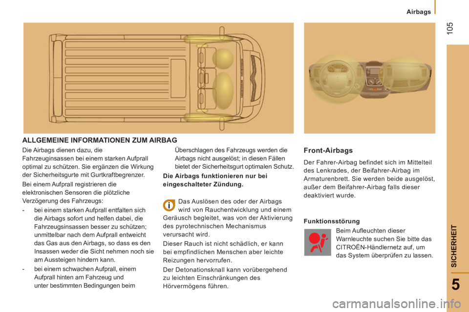 CITROEN JUMPER 2015  Betriebsanleitungen (in German)    Airbags   
 105
5
SICHERHEIT
JUMPER-PAPIER_DE_CHAP05_SECURITE_ED01-2014
 ALLGEMEINE INFORMATIONEN ZUM AIRBAG 
 Die Airbags dienen dazu, die 
Fahrzeuginsassen bei einem starken Aufprall 
optimal zu 