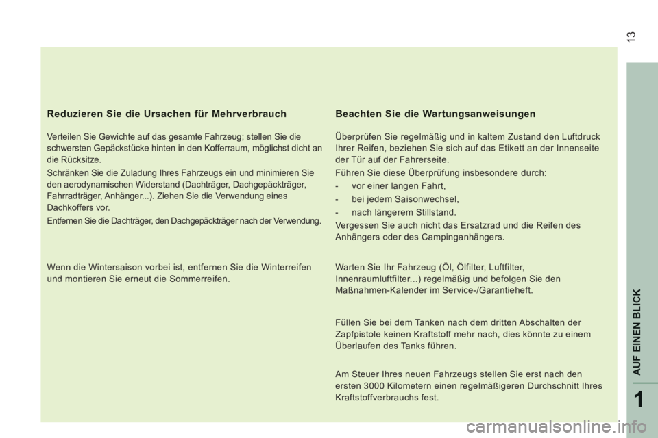 CITROEN JUMPER 2015  Betriebsanleitungen (in German)  13
1
AUF EINEN BLICK
JUMPER-PAPIER_DE_CHAP01_COUP D OEIL_ED01-2014
  Reduzieren Sie die Ursachen für Mehrverbrauch 
  Verteilen Sie Gewichte auf das gesamte Fahrzeug; stellen Sie die 
schwersten Gep