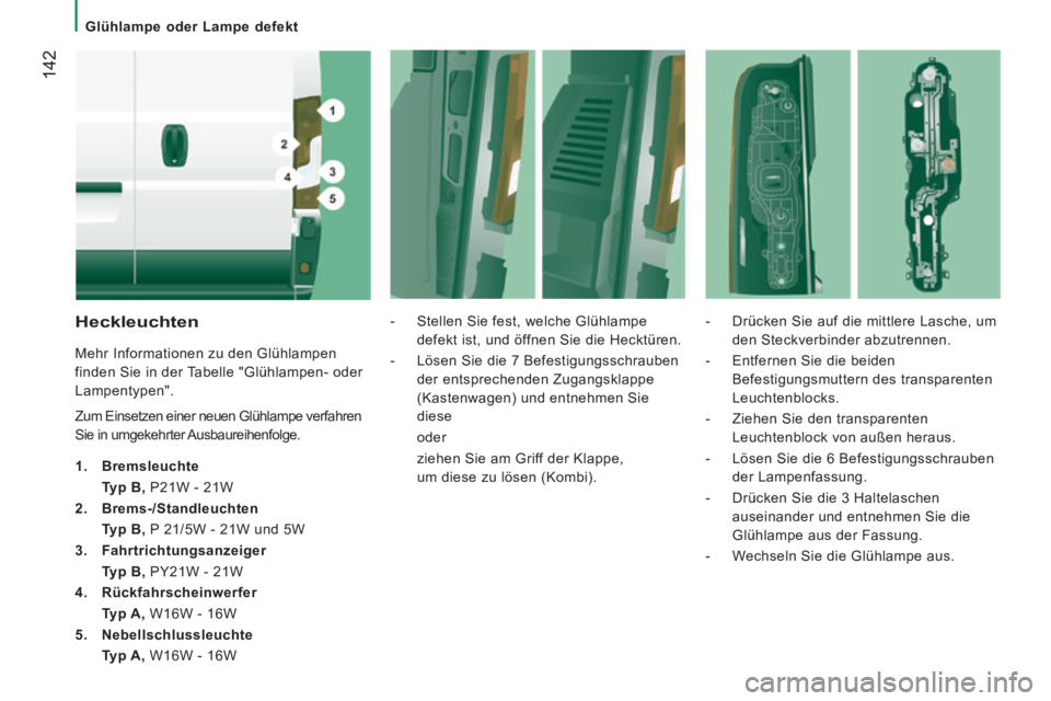 CITROEN JUMPER 2015  Betriebsanleitungen (in German)    Glühlampe  oder  Lampe  defekt   
 142
JUMPER-PAPIER_DE_CHAP08_AIDE RAPIDE_ED01-2014
  Heckleuchten 
 Mehr Informationen zu den Glühlampen 
finden Sie in der Tabelle "Glühlampen- oder 
Lampentyp