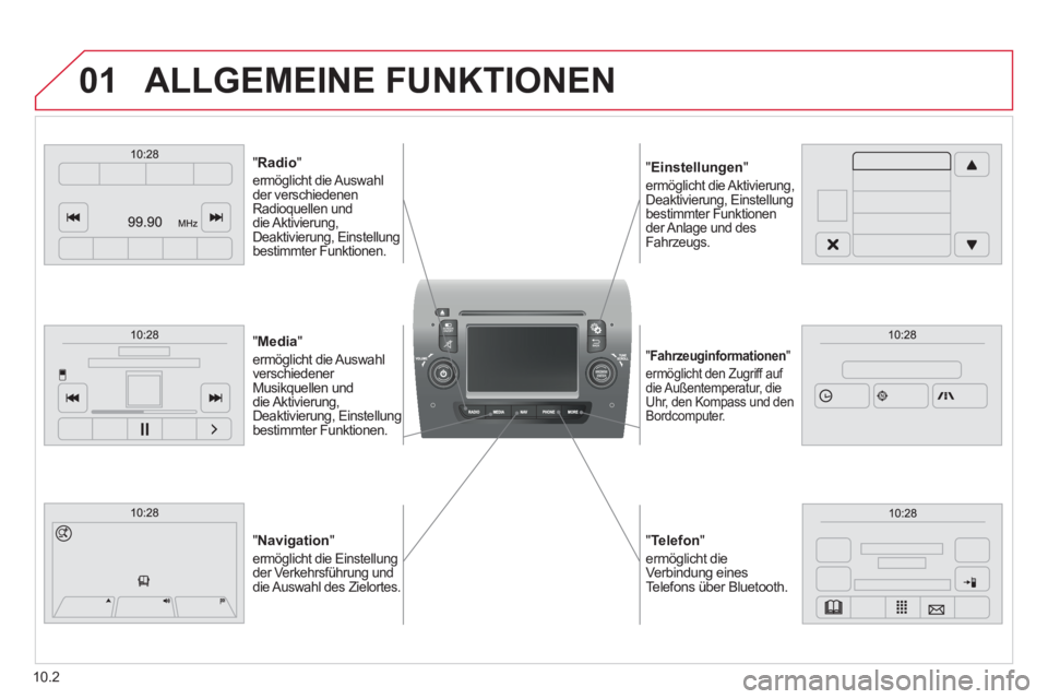 CITROEN JUMPER 2015  Betriebsanleitungen (in German) 01
  " Telefon "  
ermöglicht die Verbindung eines Telefons über Bluetooth.   
  " Fahrzeuginformationen "  
ermöglicht den Zugriff auf die Außentemperatur,  die Uhr, den Kompass und den Bordcompu