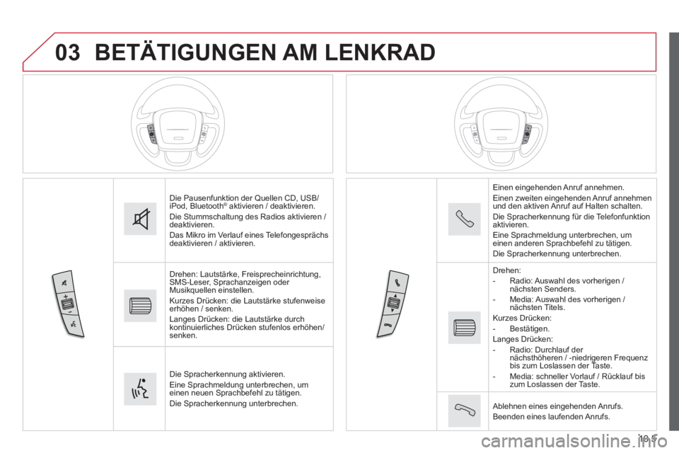 CITROEN JUMPER 2015  Betriebsanleitungen (in German) 03
10.5
JUMPER-PAPIER_DE_CHAP10A_AUTORADIO_FIAT-TACTILE-1_ED01-2014
 BETÄTIGUNGEN  AM  LENKRAD 
 Die Pausenfunktion der Quellen CD, USB/iPod, Bluetooth ®  aktivieren / deaktivieren. ®  aktivieren /