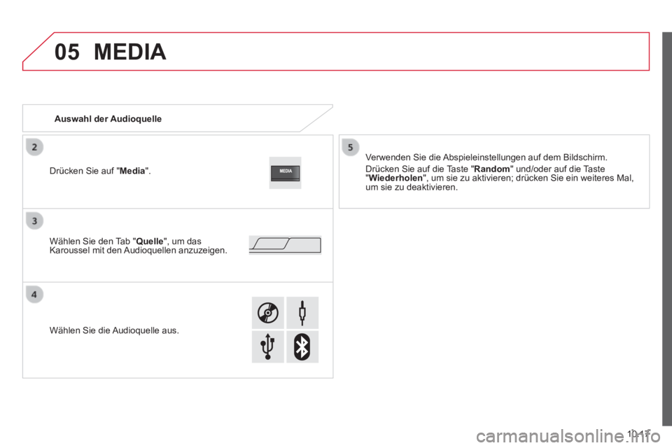 CITROEN JUMPER 2015 Betriebsanleitungen (in German) 05
10.17
JUMPER-PAPIER_DE_CHAP10A_AUTORADIO_FIAT-TACTILE-1_ED01-2014
MEDIA
Auswahl der Audioquelle
Verwenden Sie die Abspieleinstellungen auf dem Bildschirm.
Drücken Sie auf die Taste " Ran CITROEN JUMPER 2015 Betriebsanleitungen (in German) 05
10.17
JUMPER-PAPIER_DE_CHAP10A_AUTORADIO_FIAT-TACTILE-1_ED01-2014
MEDIA
Auswahl der Audioquelle
Verwenden Sie die Abspieleinstellungen auf dem Bildschirm.
Drücken Sie auf die Taste " Ran