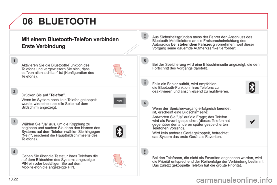 CITROEN JUMPER 2015  Betriebsanleitungen (in German) 06
10.22
Mit einem Bluetooth-Telefon verbinden  
Erste Verbindung 
  Aus Sicherheitsgründen muss der Fahrer den Anschluss des Bluetooth-Mobiltelefons an die Freisprecheinrichtung des Autoradios  bei 